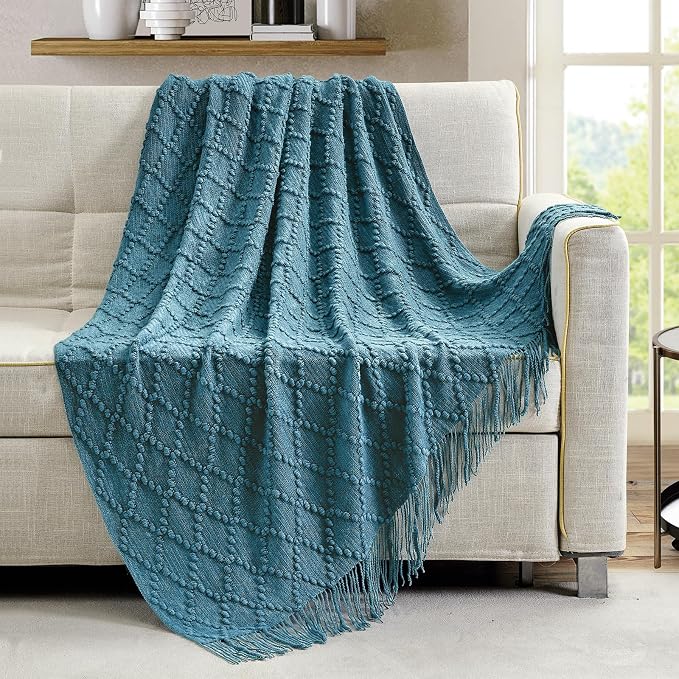 BOURINA Teal Throw Blanket 50 x70 Inch Jacquard Throw Knitted Blanket | Jacquard Argyle Throw Textured Solid Soft Throws and Blankets for Sofa or Bed Knitted Decorative Blanket