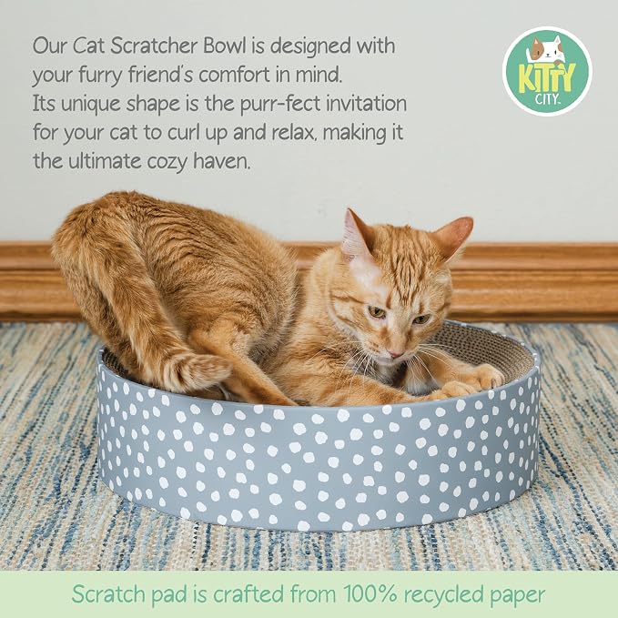 Kitty City Blue Dot Corrugate Scratcher Bed - Round Lounger Scratch Pad with Corrugated Cardboard, Horizontal Nail File Surface, Indoor Kitty Furniture, Cat Enrichment, Sleep, & Play, 15.5” x 15.5”