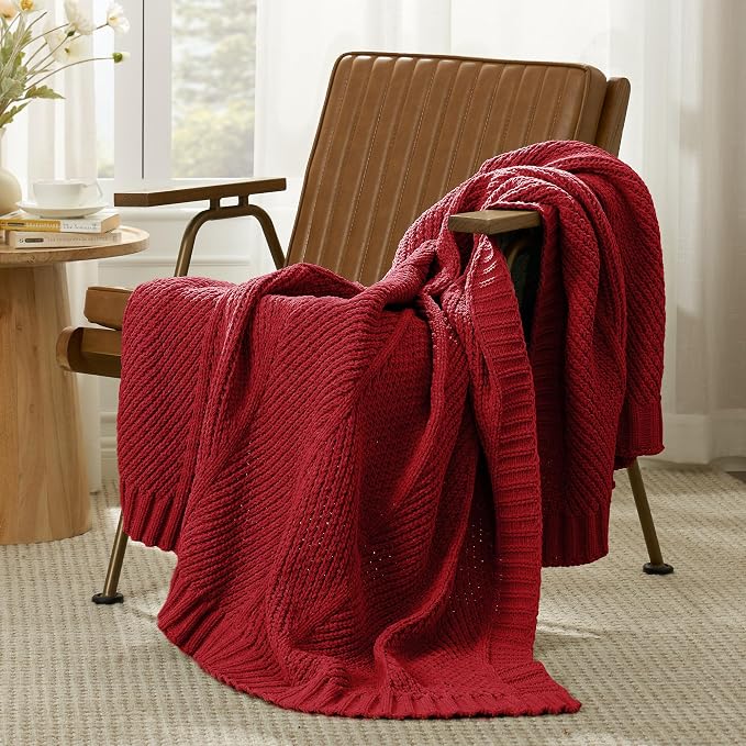 Knit Throw Blanket, Soft Chenille Cozy Breathable Chevron Chunky Decorative Blanket for Couch, Bed & Sofa, French-Inspired Lightweight Warm Gift for Women, Christmas Red, 50"x60"