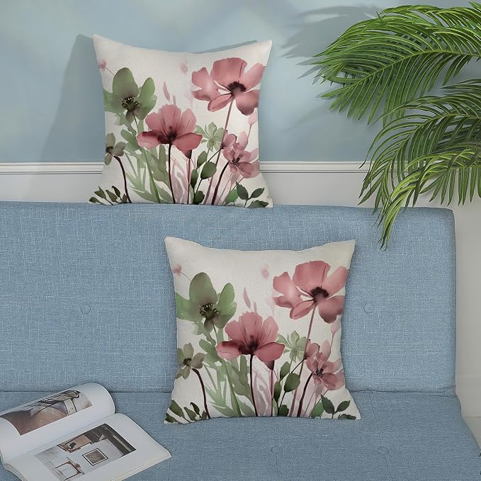Spring Floral Pillow Covers 20x20 Inches Set of 2 Sage Green Pink Floral Throw Pillow Covers Outdoor Rustic Summer Flower Decoration Pillowcase Farmhouse Decorative Cushion Cover For Couch Sofa