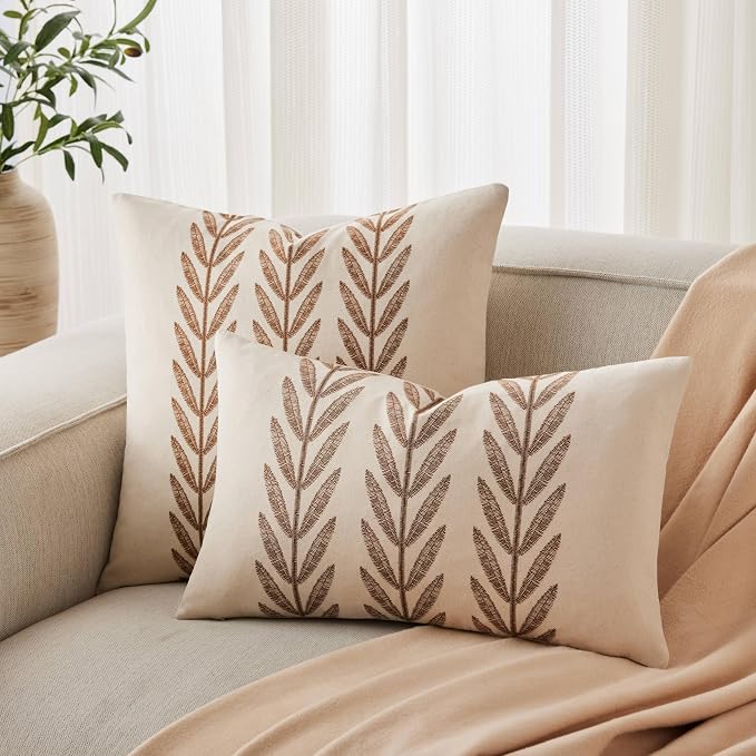 Farmhouse Leaves Throw Pillow Covers Set of 2, 24x24in Caramel | 100% Organic Cotton, Rustic Accent Print Pillow Case, Pastoral Decorative Cushion Covers for Sofa Bed Living Room Home Decor