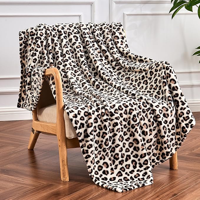 Edenleaf Leopard Print Blanket Fleece Throw for Bed Sofa Travel and Camping, Super Soft Cozy Fluffy Plush Cheetah Print Blanket for All Seasons 50"x60" (Cream)