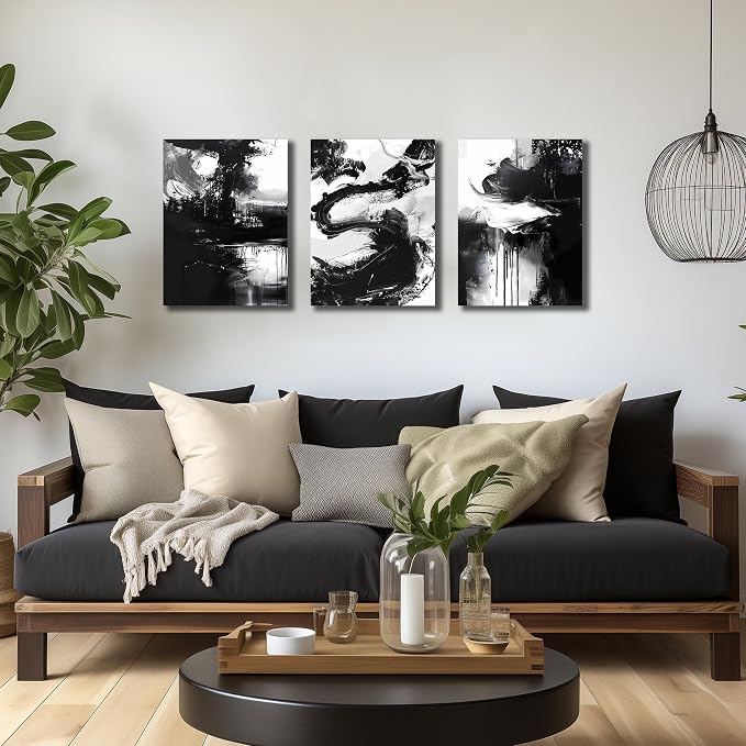 DNIEOTU Abstract Wall Art for Living Room, Black and White Canvas Wall-Decor for Bedroom, Picture Prints, Size 12 x 16 Inches 3-Pieces