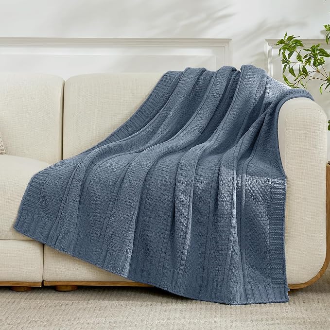 Chenille Throw Blanket for Couch, Soft Cozy Chunky Knit Blanket, Moss Stitch Throw for Sofa, Bed, Living Room, Lightweight Warm Home Decor, Dusty Blue 50"x60"