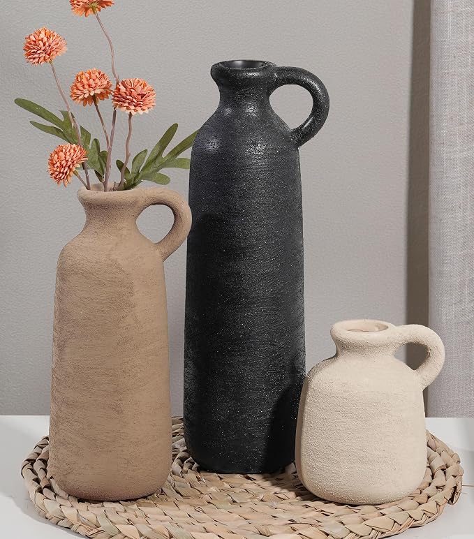Ceramic Vase Set, 3Pcs Flower Vases for Modern Boho Farmhouse Decor, Decorative Vases for Pampas Grass & Dried Flowers, Distressed Finish