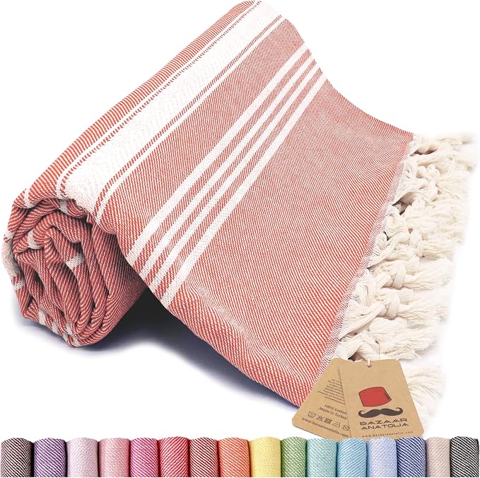 Bazaar Anatolia Turkish Beach Towel – 100% Cotton, Quick Dry, Sand Free Towel for Bathroom, Camping, Travel – Oversized 71x39 Inches – Stripe Orange