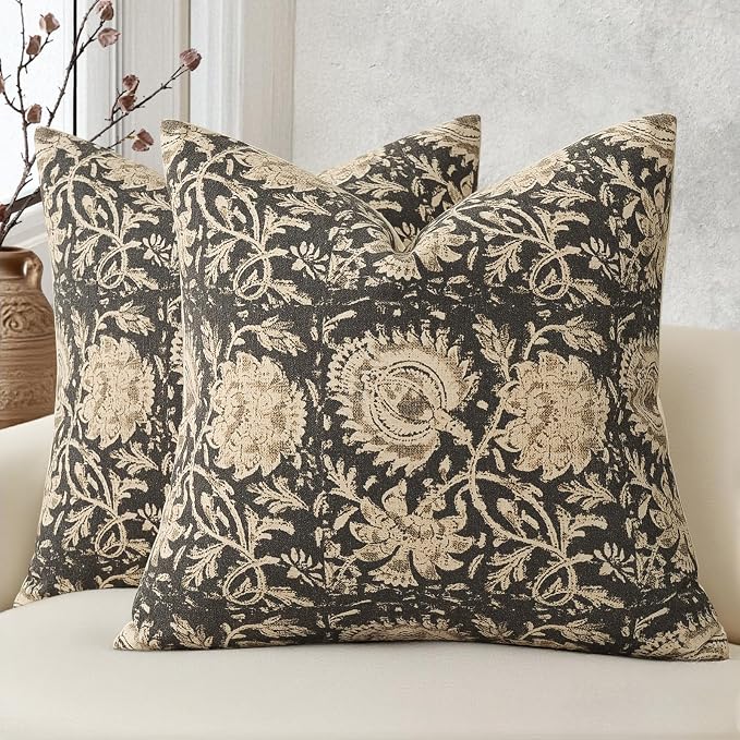 Vintage Floral Print Throw Pillow Covers 24x24 Set of 2 Neutral Modern Farmhouse Pillowcases Accent Decorative Cushion Covers Boho Home Decor for Couch Sofa Chair Bed Living Room, Black