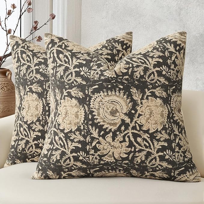 Vintage Floral Print Throw Pillow Covers 16x16 Set of 2 Neutral Modern Farmhouse Accent Decorative Cushion Covers Boho Home Decor for Couch Sofa Chair Bed Living Room, Black