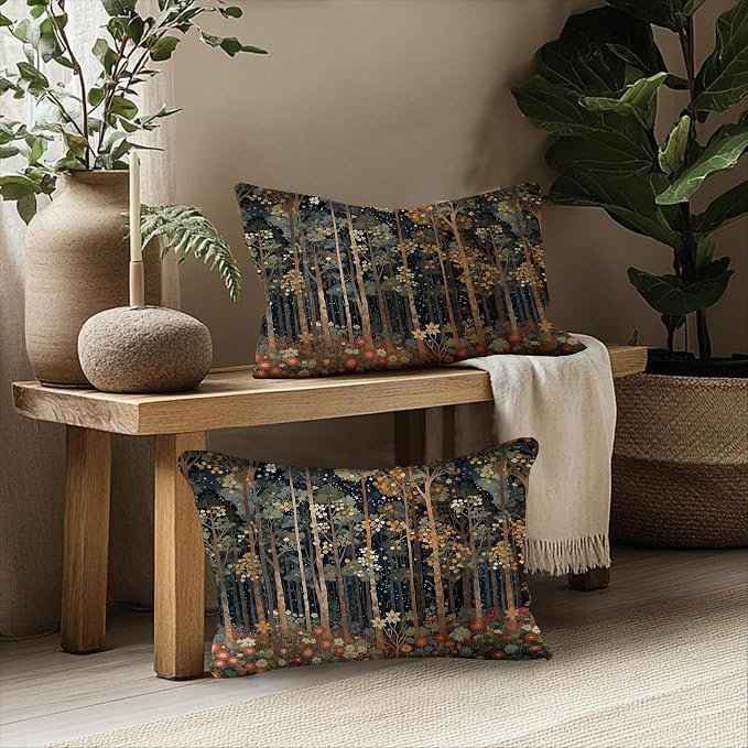 Rustic William Morris Inspired Autumn Forest Pillow Covers 12x20 Set of 2,Vintage Botanical Nature Landscape Decorative Throw Pillow Covers for Home Bedroom Living Room,Fall Home Room Decor