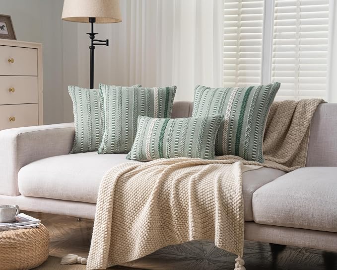Cethom Boho Throw Pillow Covers 12x20 Inch Set of 2, Farmhouse Decorative Couch Pillow Cases, Light Green Accent Pillows of Bed, Sofa Bedroom Living Room Home Decor Cushion Cover