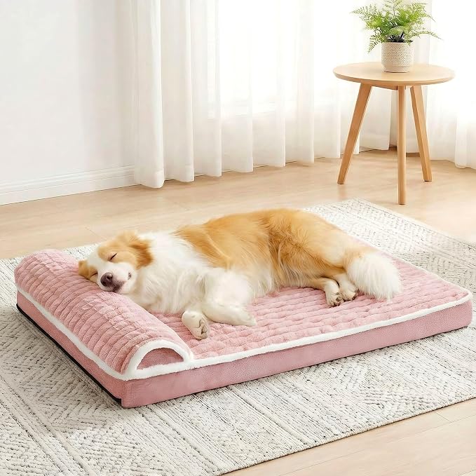 Orthopedic Large Dog Bed Pillow Pet Sofa Bed 48''X30'' Pink | Egg-Crate Foam Pet Couch Large Sized Dog, Waterproof Removable Washable Cover,Furry Puppy Crate Mat With Nonskid Bottom