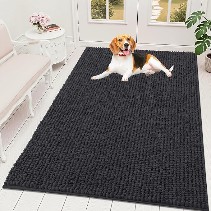 OLANLY Dog Door Mat for Muddy Paws 59x35, Extra Absorbent Chenille Mud Mat | Dark Grey, Absorbs Moisture and Dirt, Non-Slip Machine Washable Doormat, Quick-Drying Indoor Entryway Floor Mat for Dogs