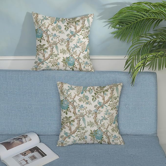 Teal Green Floral Bird Pillow Covers 18x18 Inch Set of 2 Chinoiserie Throw Pillows Vintage Flowers Bird Decorative Pillow Cases Outdoor Chinoiserie Decor Farmhouse Cushion Case for Couch Sofa