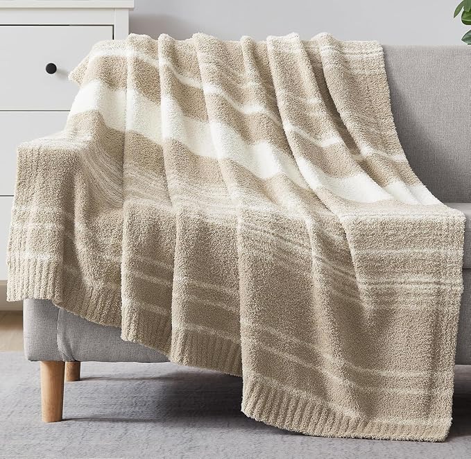 Soft Throw Blanket for Couch-Cozy Reversible Knitted Blankets | Lightweight Warm Fluffy Decor for Women, Mom, Her & Girls, Sofa, Chair, Bed, 50x70in,Khaki Stripe