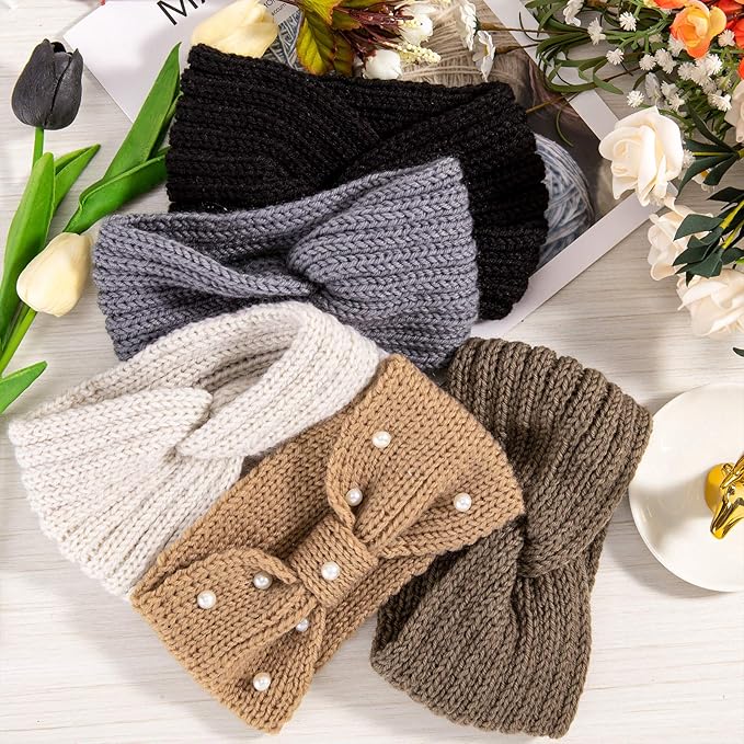 Whaline 5 Pieces Winter Knit Headbands Chunky Knit Headbands,4 Elastic Turban Head Wraps and 1 Pearl Crochet Hair Band, Ear Warmer Crochet Head Wraps for Women Girls (Gray & Brown Colors)