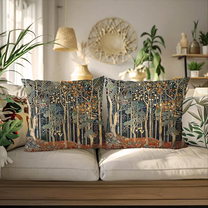 452 Rustic Fall Forest William Morris Style Pillow Covers 22x22 | Fall Autumn Home Room Decor, Vintage Botanical Nature Decorative Throw Pillow Covers for Home Bedroom Living Room Set of 2