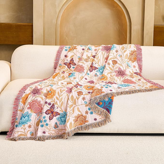 VANJOROY Boho Throw Blanket, 100% Organic Cotton Breathable Ultra Soft 60" x 80" Bed Quilt Throw - All Season Floral Rustic Farmhouse Decor Luxury Reversible Blanket for Sofa Couch Chair and Gift