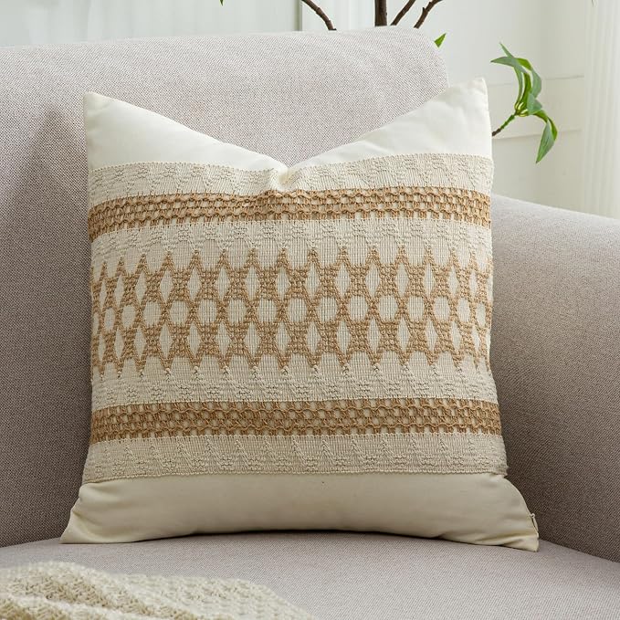 Throw Pillow Covers 20 x 20 Inch 1PC for Farmhouse Living Room, Cotton & Burlap Textured Striped Woven Boho Pillow Covers (Beige & Brown, Khaki Grid)