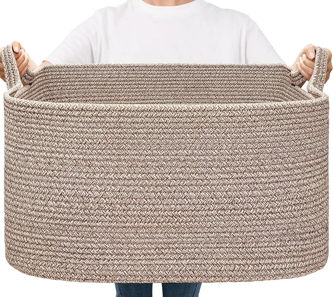 Goodpick Large Woven Rope Blanket Basket, Rectangle, Brown, 75L | 21.6'' x 14.9'' x 11.8'' Storage Basket for Blankets, Toys & Clothes, Living Room & Nursery Organization, Reinforced Handles