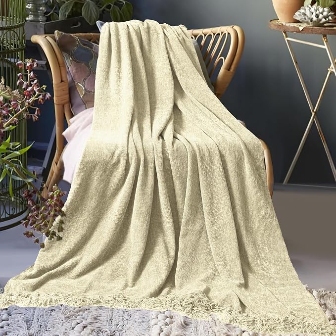 Chenille Throw Blanket for Couch 60" x 80" Twin, Light Beige | Soft Cozy Warm Throws with Fringe Tassel, for Living Room Bed Sofa Chair Cover, Lightweight Knitted Decorative Boho Blankets