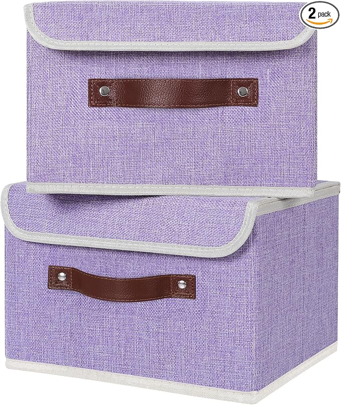 ANMINY Fabric Storage Box Bins with Lids, Purple, 10"x8"x7", 2 Pack | Keepsake Memory Storage, Cotton Linen, PP Board Reinforced, Washable, PU Handles, Foldable & Stackable, Decorative, Small