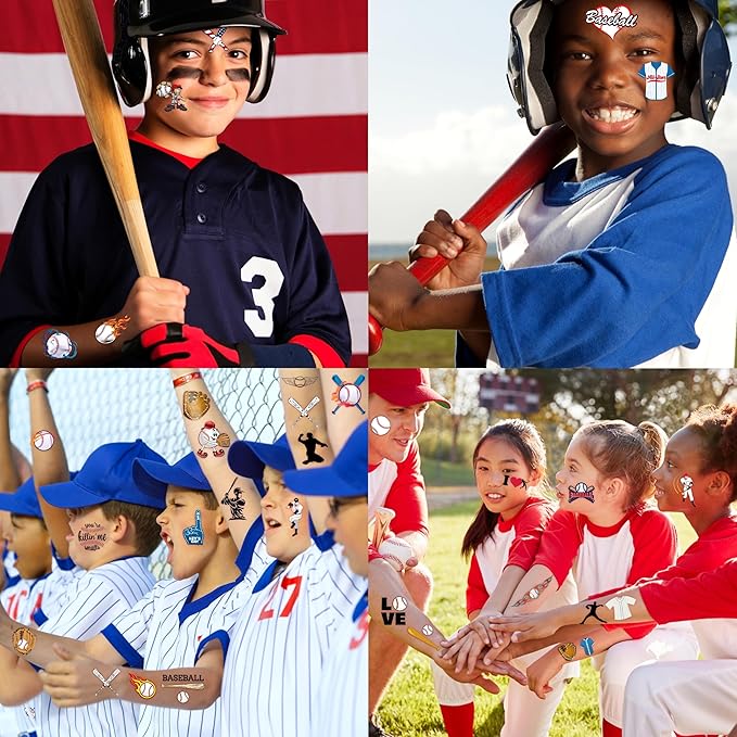 96PCS Baseball Pre-Cut Temporary Tattoos for Kids - Sports Birthday Party Favors, Baseball Party Supplies, Goodie Bag Fillers, School Prizes for Boys & Girls