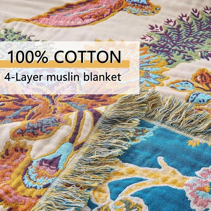 Boho Throw Blanket Farmhouse Decor Throw Blanket Bohemian Blanket for Bed 100% Cotton Muslin Woven Couch Blanket All Seasons Quilt Bedroom (E-Beige, 50"x60")