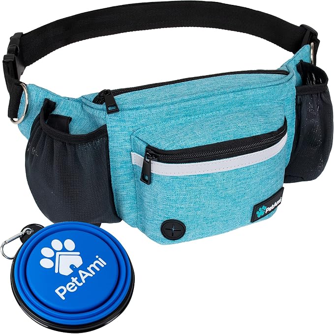 PetAmi Dog Fanny Pack, Treat Pouch for Dog Walking Training, Turquoise Blue | Built in Poop Bag Dispenser, Water Bottle Holder, Collapsible Bowl, Pet Treat Waist Belt for Hiking Running Kibbles