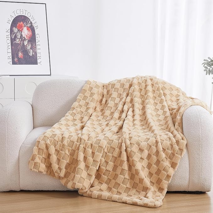 Luxury 3D Checkered Throw Blanket Reversible Thick Warm Blankets for Couch | Soft Velvet Flannel Fuzzy Plush Gift for Women