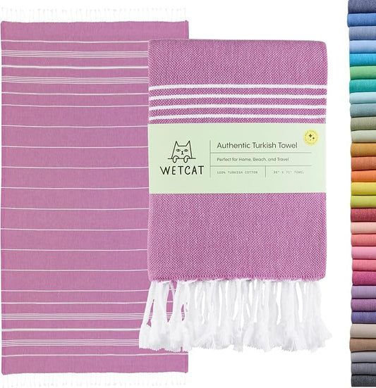 WETCAT Turkish Beach Towel Oversized (38"x71") 100% Turkish Cotton, Made in Turkey - Sand Free, Extra Large, Ultra Soft, Quick Drying, Compact & Lightweight for Travel - Purple