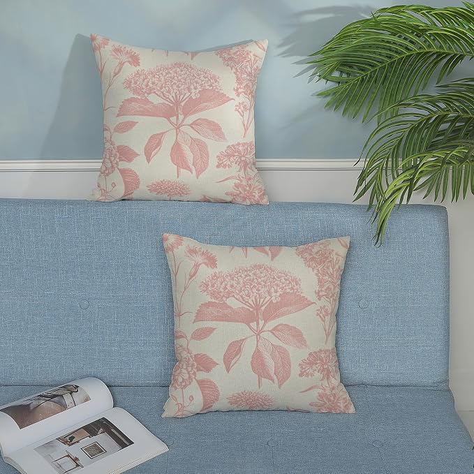 Floral Pillow Covers 18x18 Set of 2 Vintage Pink Hydrangea Herb Botanical Throw Pillow Cover Outdoor Decoration Boho Flower Pillowcase Farmhouse Decorative Cushion Case for Home Sofa Couch