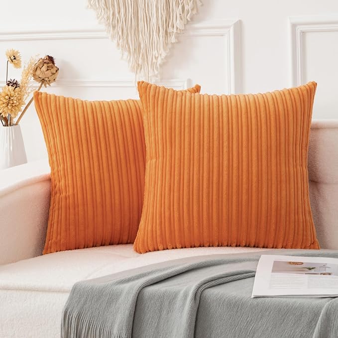 UGASA Fall Decorative Soft Velvet Stripe Pillow Covers Set of 2 Solid Corduroy Textured Euro Cushion Cases for Couch Bedroom Sofa Farmhouse, 26x26 Inch, Orange