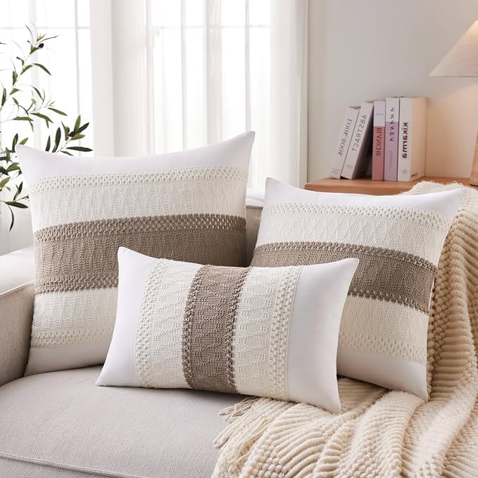 2pk Boho Pillow Covers 16x16, Natural White/Contrast/Cocoa Brown | 100% Organic Cotton Body, Stripe Embroidery, Farmhouse Decorative Cushion Covers for Sofa Bed Living Room Home Decor