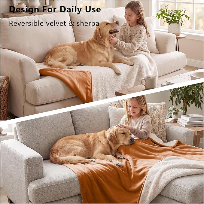 Waterproof Blanket for Dogs - Pet Throw as Furniture Protector | Cozy Sherpa & Smooth Velvet, Reversible and Machine Washable, for Couch, Bed, or Travel, 40"x50", Orange