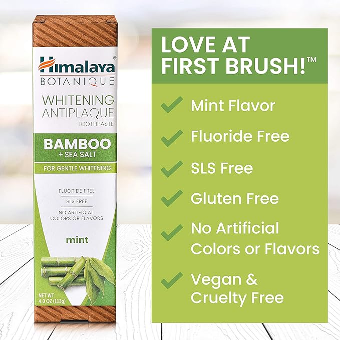 Himalaya Botanique Whitening Antiplaque Toothpaste with Bamboo + Sea Salt, Fluoride Free, for Gentle Whitening, 4 oz, 4 Pack