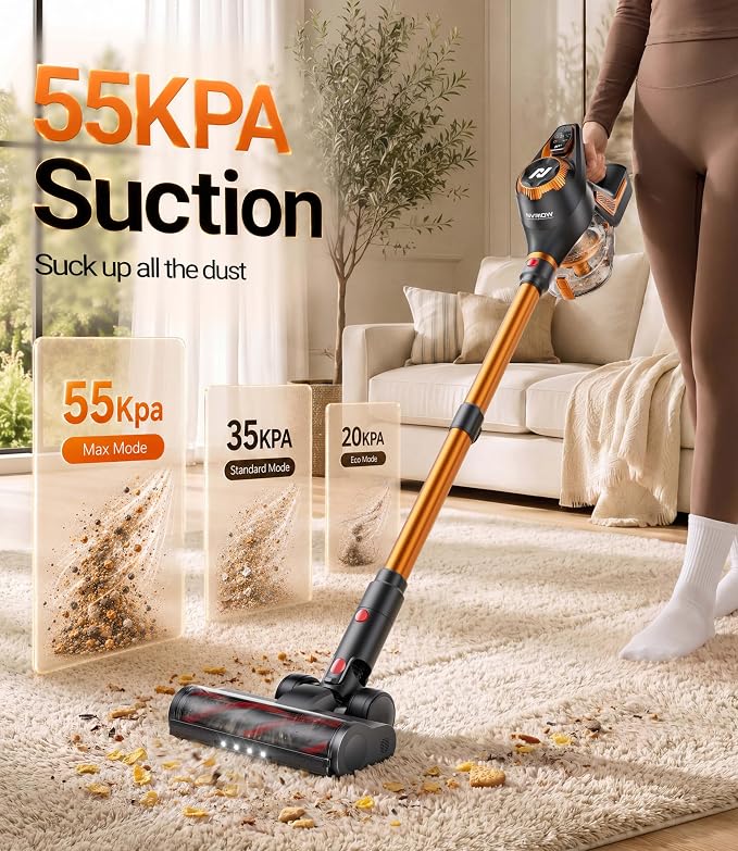 Cordless Vacuum Cleaner, 55Kpa Vacuum Cleaners for Home, Max 80mins Runtime Stick Vacuum with LED Display&1.5L Dust Cup, Rechargeable Lightweight Handheld Vacuum for Carpet/Hardwood Floor/Pet Hair/Car