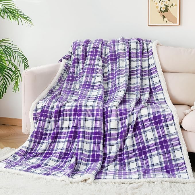 Sherpa Plaid Throw Blanket, 60" X 70"Fuzzy Fluffy Cozy Soft Blanket, Fleece Flannel Plush Twin Size Microfiber Blanket for Couch Bed Sofa,Purple