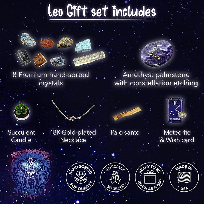 DANCING BEAR Leo Zodiac Healing Crystals Gift Set (14 Pc): 9 Stones, 18K Gold-Plated Constellation Necklace, Meteorite, Succulent Candle, Palo Santo Smudge Stick, and Info Guide, Made in The USA
