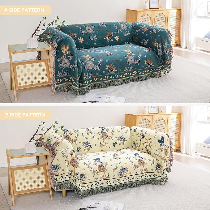 VANJOROY Boho 100% Organic Cotton Muslin Large Throw Blanket 60" x 80" - All Season Rustic Ultra Soft Breathable Floral Bird Blanket for Bed Sofa Couch Chair Bedspread Quilt Gift,-Teal/Green