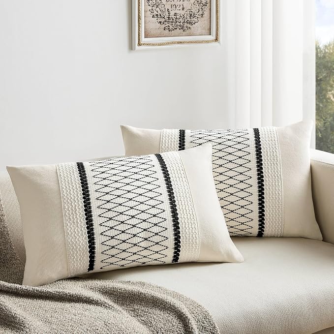 2 Pack Boho Lumbar Pillow Covers, Grid Black 12x20in | Soft Breathable Cotton, Farmhouse Decorative Couch Pillow Cases, Cushion Covers for Sofa Bed Living Room Home Decor