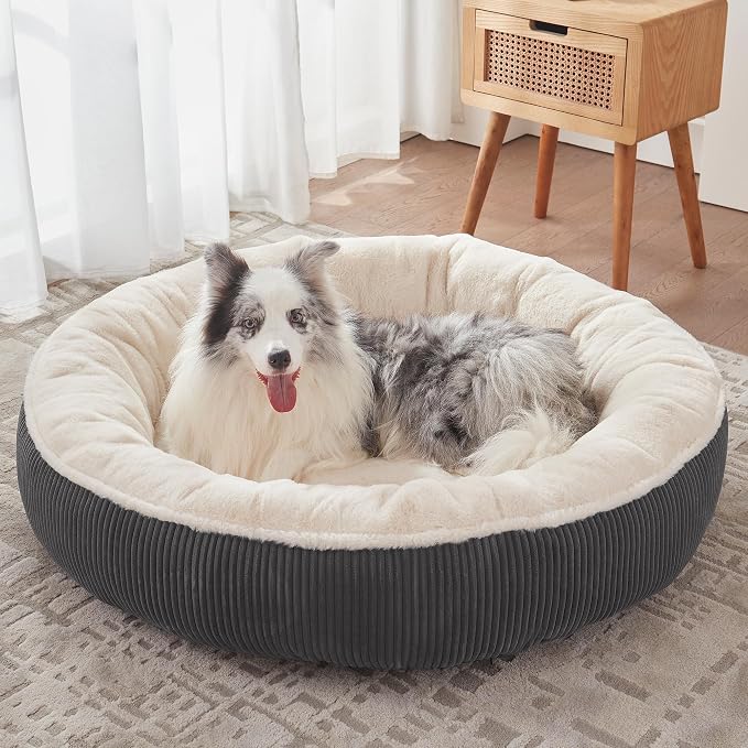 45 inches Calming Donut Dog Bed for Extra Large Dogs,Dark Grey | Round Jumbo Pet Bed with Removable&Washable Cover,Plush Faux Fur & Corduroy, Fits Pets up to 100 lbs