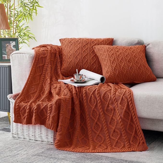 Homiest Rust Cable Knit Throw Blanket Set of 3, with 2 Pillow Covers | Pure Acrylic, Lightweight & Breathable, All-Season Use, Machine Washable, Wrinkle & Fade Resistant, for Couch Bed And Sofa