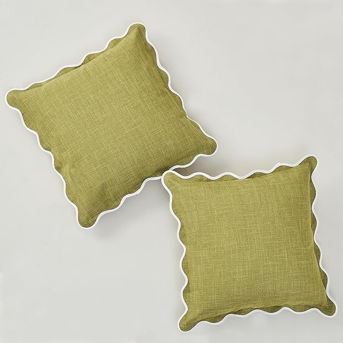 Scalloped Pillow Covers Set of 2 for Living Room | Spring Decorative Sofa Couch Pillows | Boho Sytle Decorative Home | Aesthetic Funky Preppy Pillow Cases (Green & Yellow, 16x16 Inch)