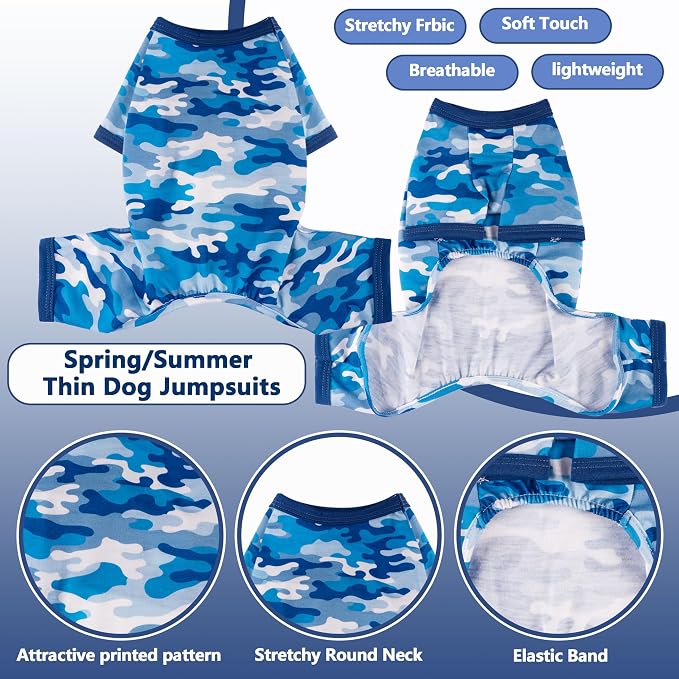 Dog Summer Pajamas Onesie Soft Breathable Puppy Jumpsuit Lightweight Dog Clothes for Small Medium Dogs Cat Pet Clothes (Sea Blue, Small)