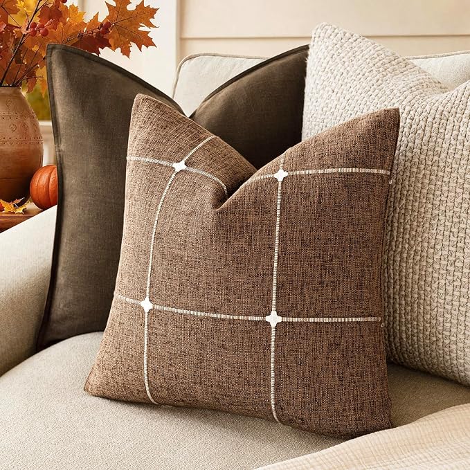 Foindtower Pack of 2 Decorative Faux Linen Jacquard Check Throw Pillow Covers Farmhouse Cushion Cover with Grid Textured Accent Pillowcase for Couch Sofa Living Room Home Decor,16×16 Inch,Orange Brown