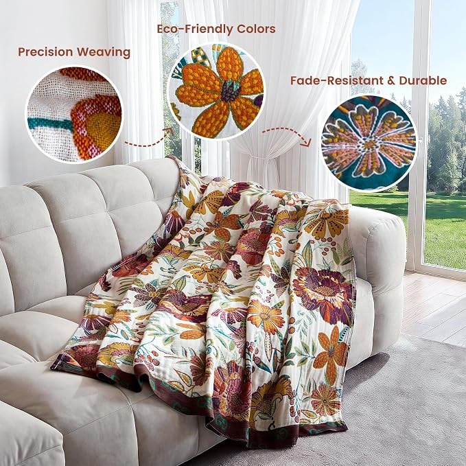 MSGKV Summer Throw Blanket 60"x80" 100% Cotton Woven Muslin for Couch & Bed | 100% Cotton Muslin Throw, Breathable Woven Quilt, Boho Vintage Style, All Season Comfort, Soft & Lightweight, Farmhouse Decor