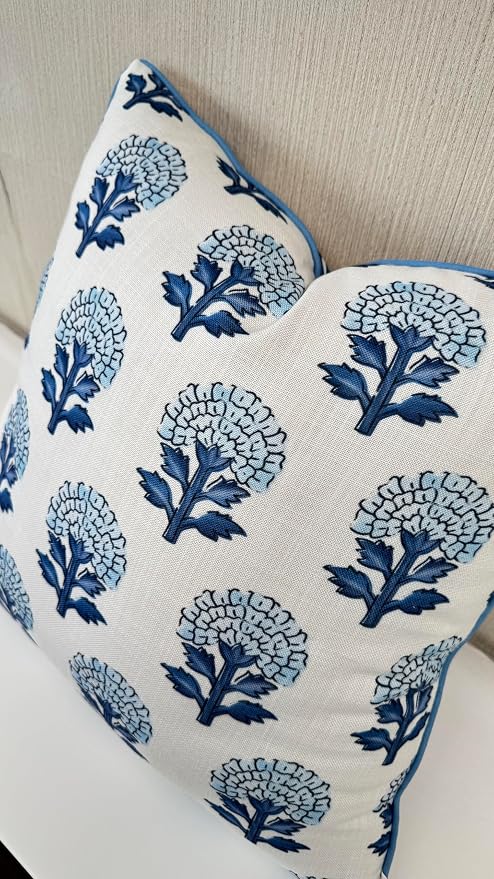 Marigold Floral Print 18x18 Throw Pillow Cover, Blue | Blue marigold floral on off-white slub, blue piping; both sides printed; hidden zip; cover only