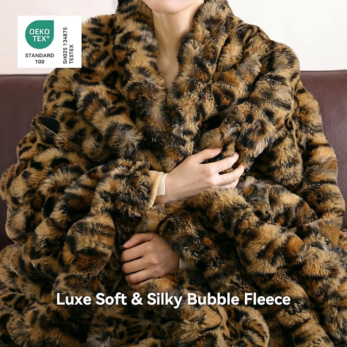 Faux Fur Throw for Couch - Leopard Brown Bubble Blanket 50"x60" | Fluffy Plush Fuzzy Cheetah Throw for Sofa & Bed, Super Soft Cozy Comfrt Blanket,Luxury Aesthetic Leopard Decor Gift for Women