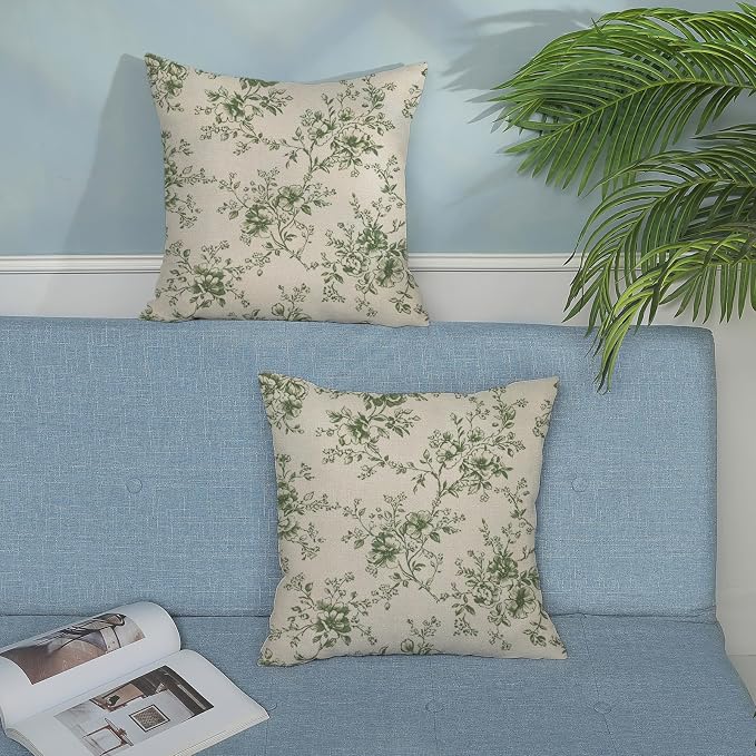 Sage Green and Cream Flower Pillow Covers 18x18 Set of 2 Chinoiserie Floral Decorative Throw Pillows Vintage Toile Flower Pillowcase Linen Outdoor Farmhouse Cushion Cover for Couch Sofa Decor