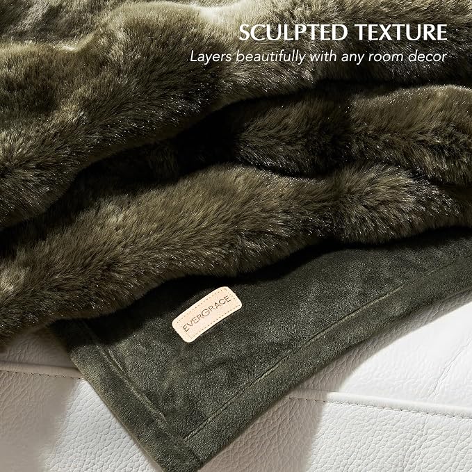 Faux Rabbit Fur Bubble Throw Blanket, 50"x60", Marble Olive | Ultra Soft, Luxury Faux Rabbit Fur Throw, Thick Warm Bubble Blanket, Cozy Fluffy Reversible, for Bed, Couch, Chair, Sofa